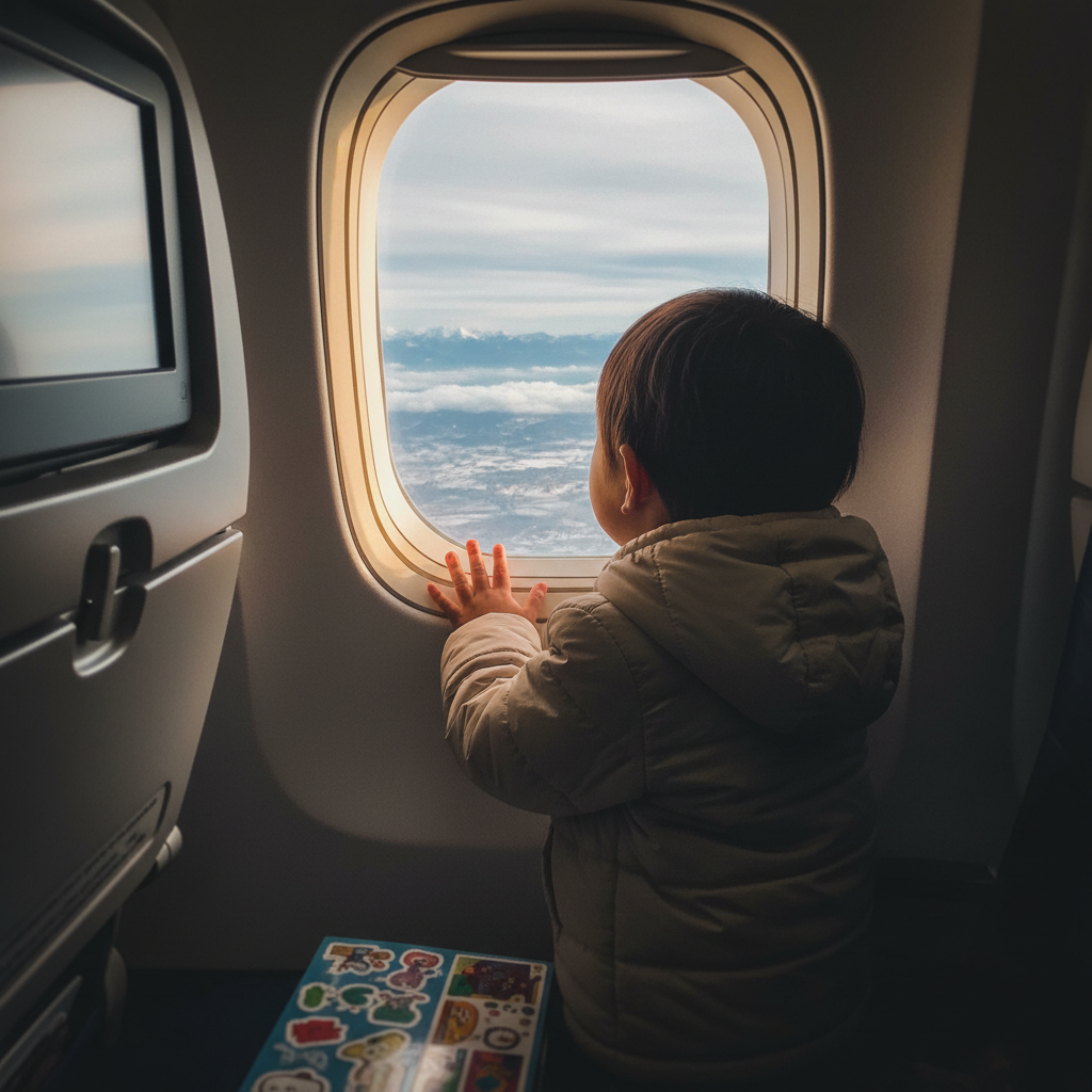 비행기 창밖을 신기하게 내다보는 아이의 뒷모습
