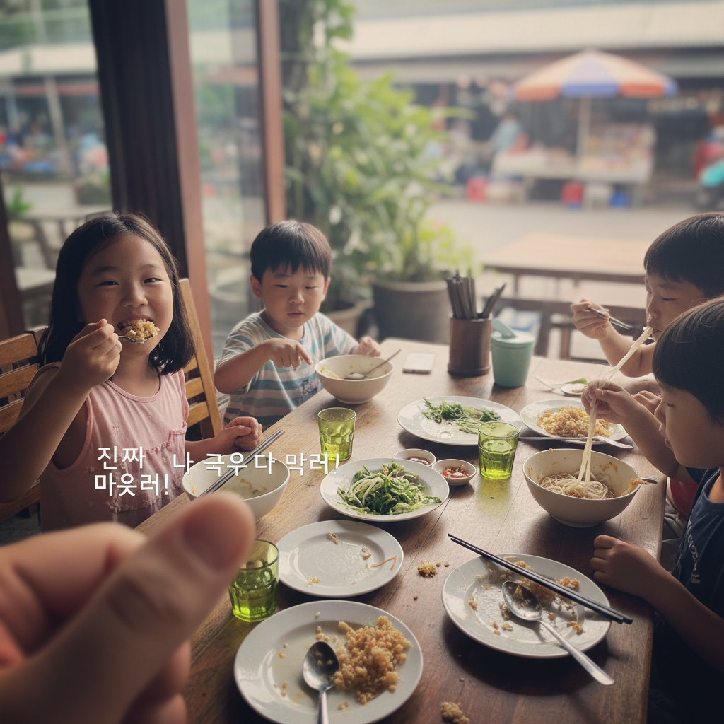 식탁에 둘러앉아 볶음밥과 쌀국수를 맛있게 먹고 있는 아이들