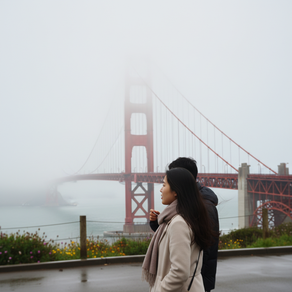 안개에 살짝 가려진 금문교의 웅장한 모습