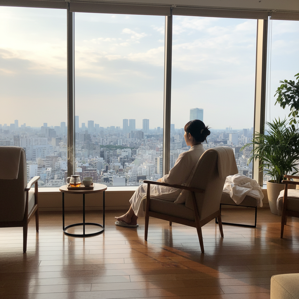 도쿄 시내 전경이 보이는 고요하고 평화로운 분위기의 호텔 스파
