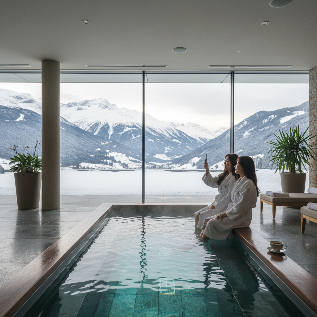 통유리창 너머로 눈 덮인 알프스 산맥이 보이는 호텔의 고급스러운 실내 스파
