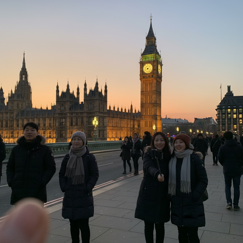 해 질 녘 조명이 켜진 런던 빅벤과 국회의사당의 모습
