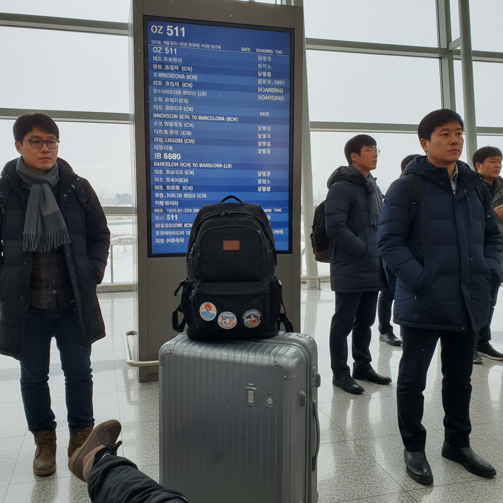 인천공항 출발 전광판과 내 배낭