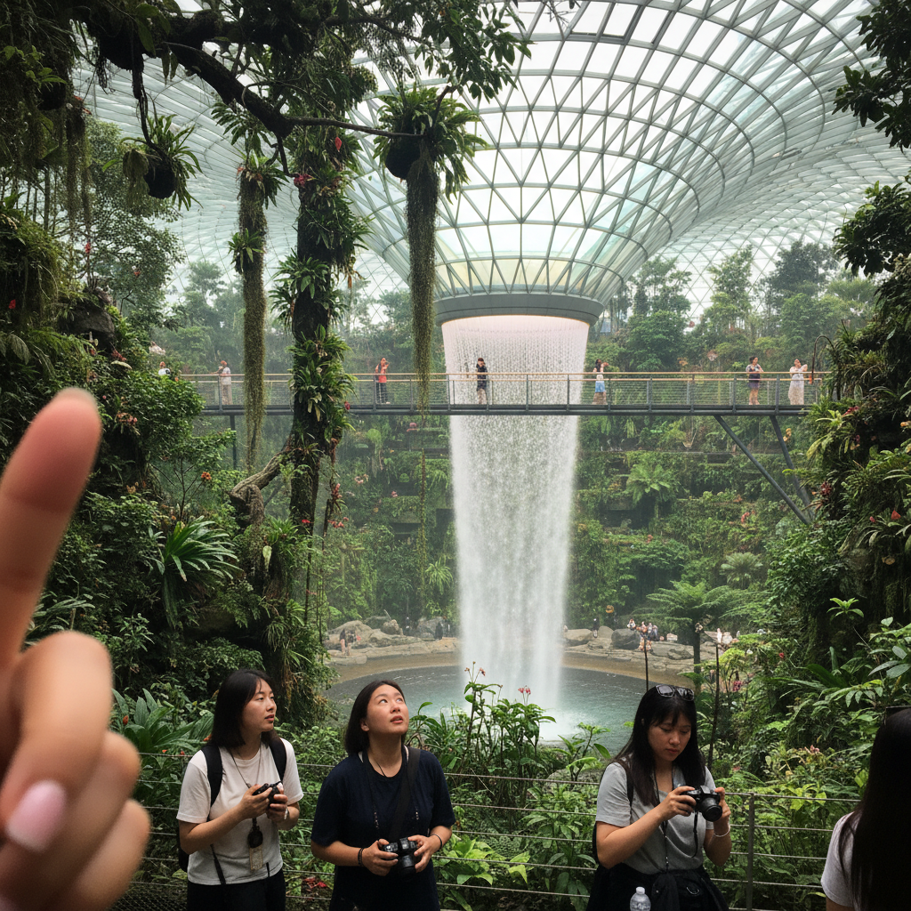 가든스 바이 더 베이 클라우드 포레스트 내부, 인공 폭포와 다양한 식물들이 어우러진 신비로운 풍경
