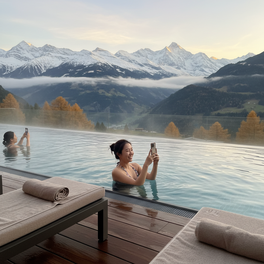 눈 덮인 알프스 산맥을 배경으로 한 고급 호텔의 야외 온수 인피니티 풀