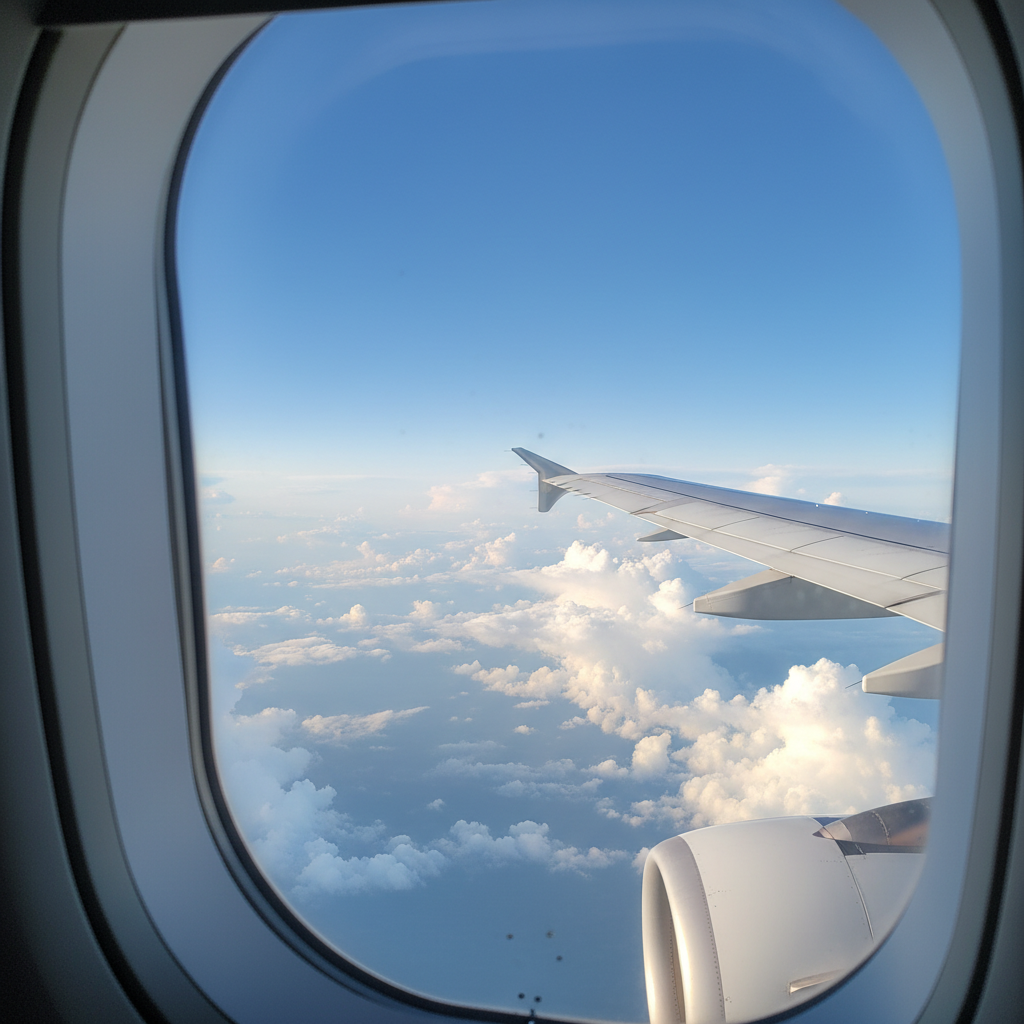 비행기 창문 너머로 보이는 푸른 하늘과 흰 구름, 날개 끝이 살짝 보이는 감성적인 구도