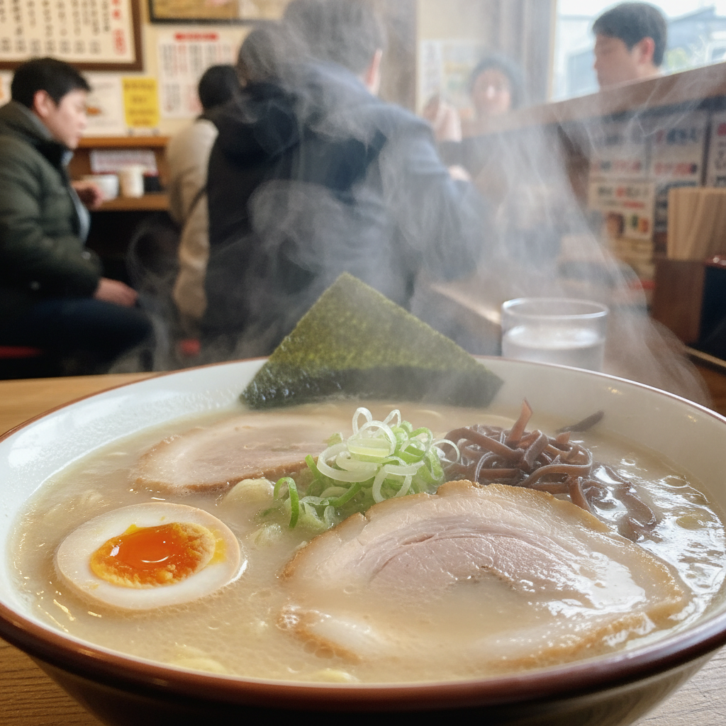 김이 모락모락 나는 진한 국물의 돈코츠 라멘