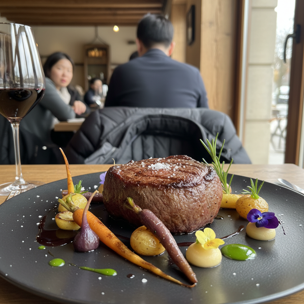 예술 작품처럼 섬세하게 플레이팅된 메인 요리, 키아니나 비프 스테이크