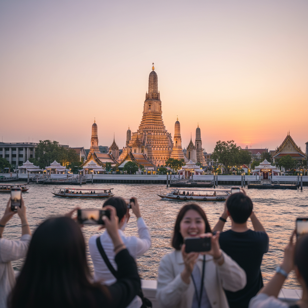 해 질 녘 노을빛을 받아 빛나는 왓 아룬의 모습