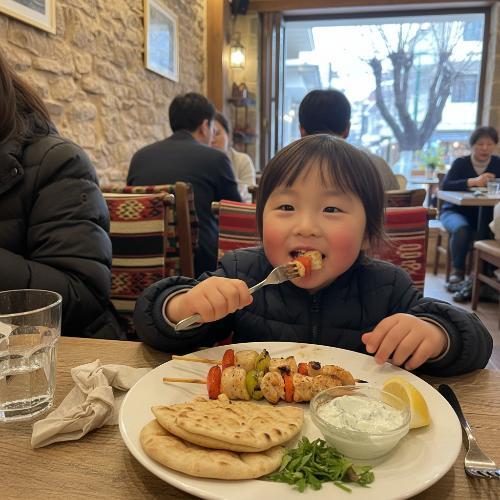 레스토랑에서 포크를 들고 수블라키를 맛있게 먹고 있는 아이의 모습