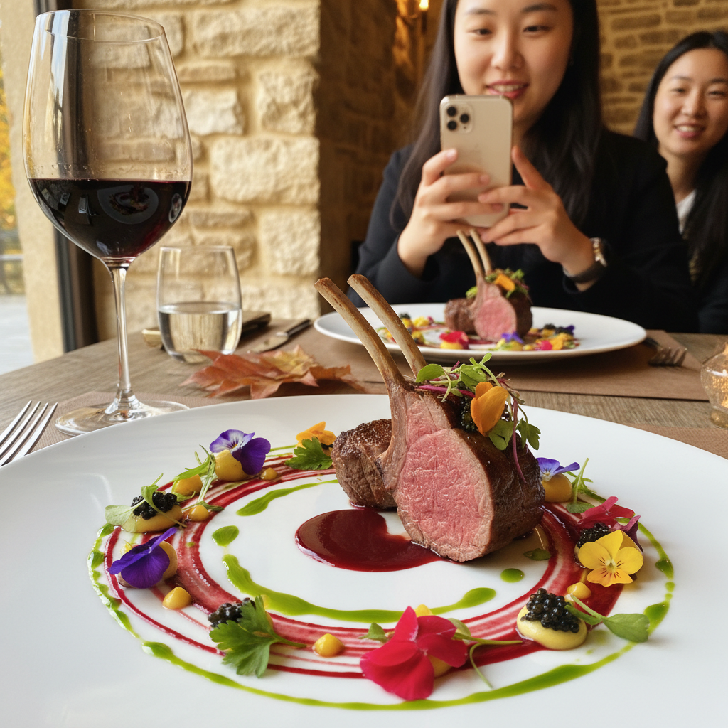 섬세한 소스 장식과 화려한 색감의 식용 꽃이 올라간 파인다이닝 메인 요리