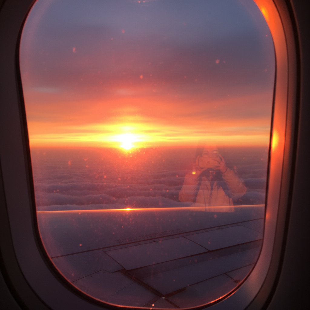 비행기 창문 너머로 보이는 붉게 물든 노을과 구름