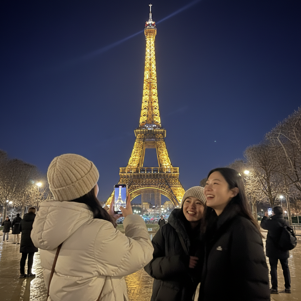 밤하늘 아래 황금빛으로 빛나며 반짝이는 파리 에펠탑 야경