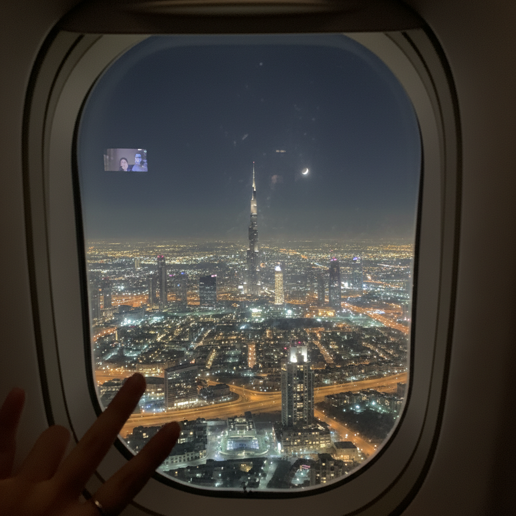 어두운 밤, 비행기 창문 너머로 보이는 반짝이는 도시의 야경