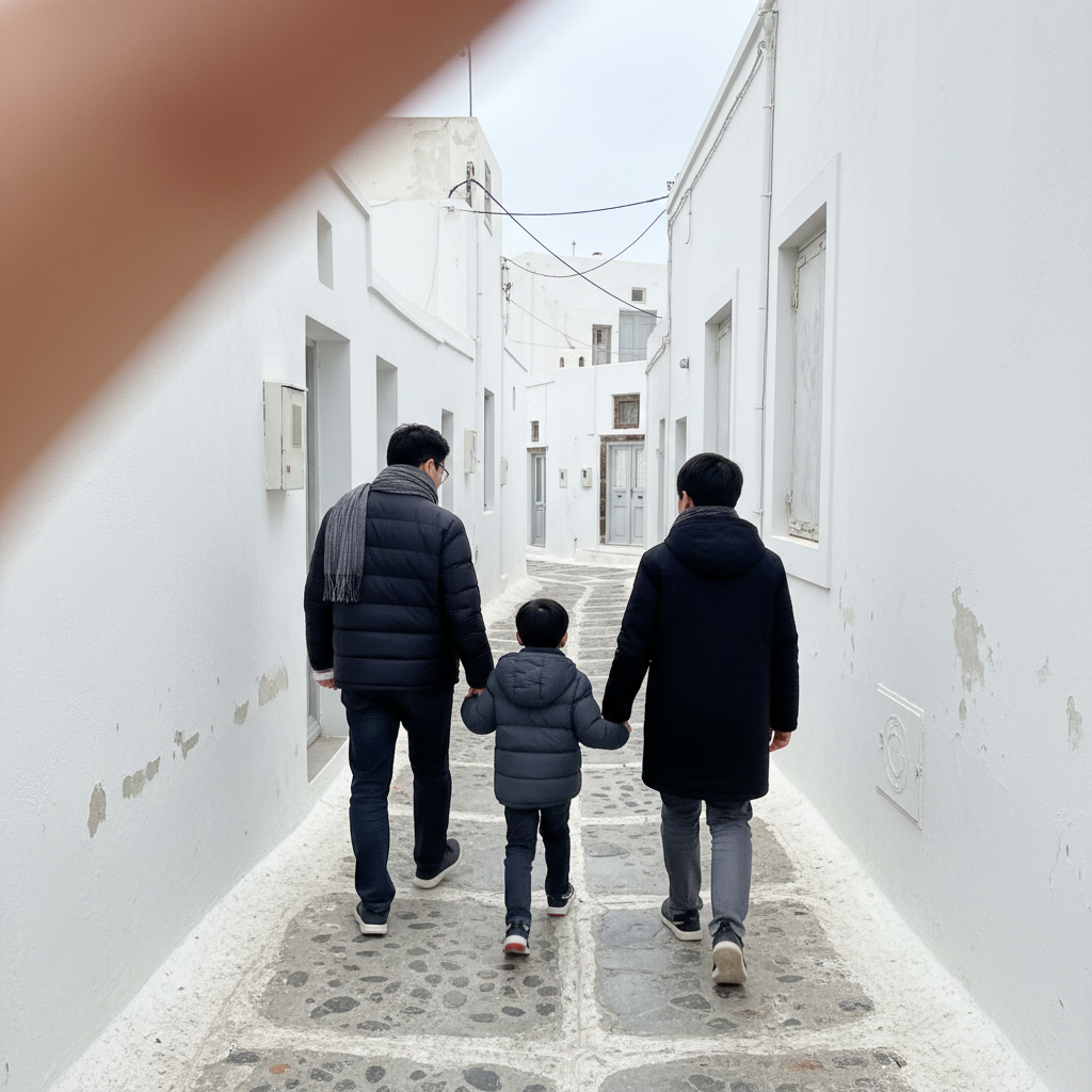 산토리니의 하얀 골목길에서 손을 잡고 걸어가는 가족의 뒷모습