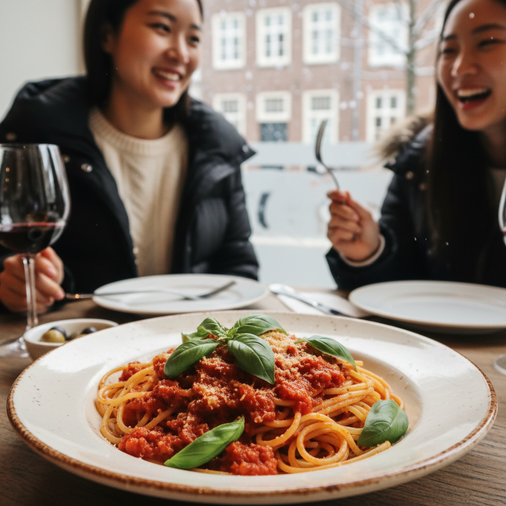 먹음직스러운 토마토소스와 바질이 올라간 이탈리아 파스타 한 접시