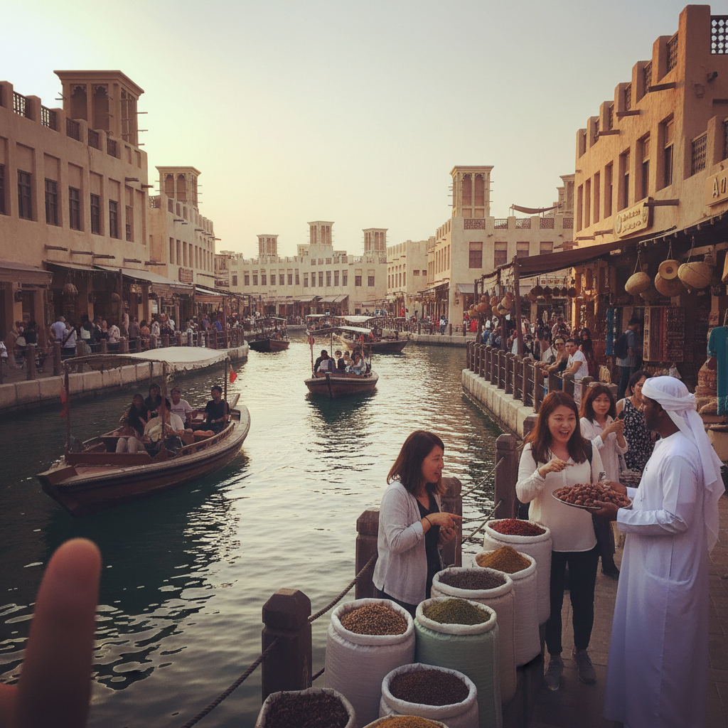 알 시프 전통 시장의 흙빛 건물과 수로를 오가는 아브라 배의 풍경