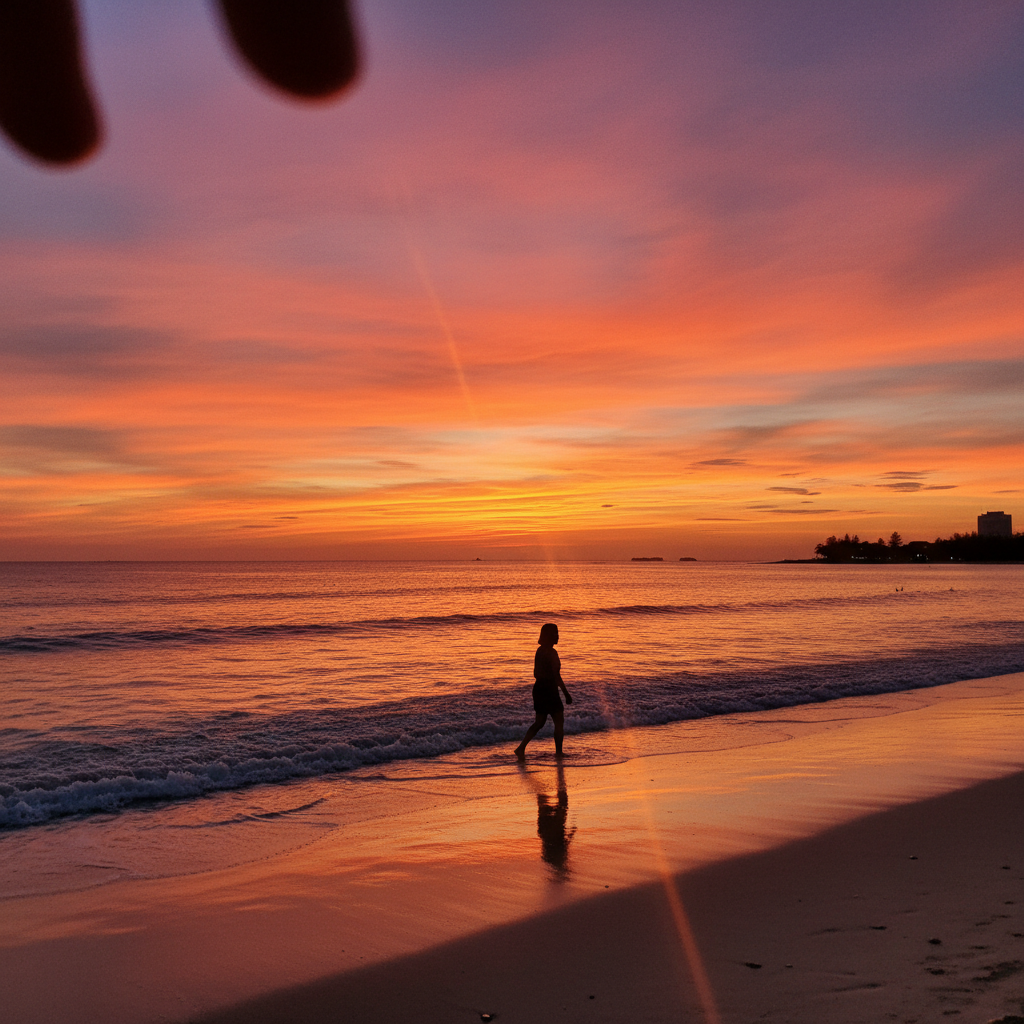 센토사 섬의 해질녘, 노을로 붉게 물든 하늘과 바다, 그리고 해변을 걷는 사람의 작은 실루엣