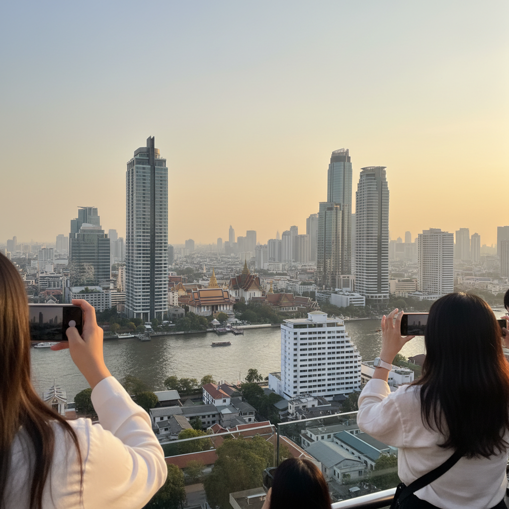 방콕의 고층 빌딩과 전통 사원이 어우러진 스카이라인 전경