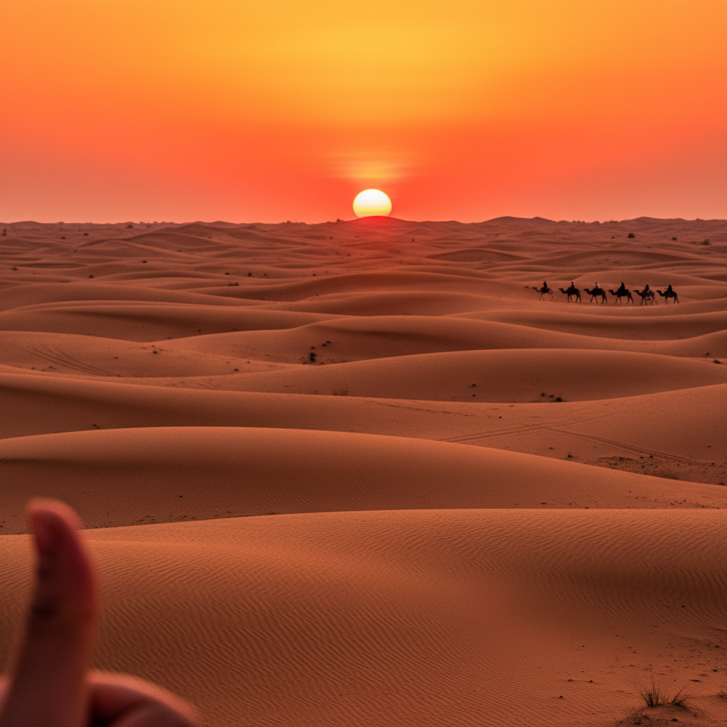 붉은 노을이 지는 광활한 사막 언덕, 멀리 보이는 낙타 실루엣