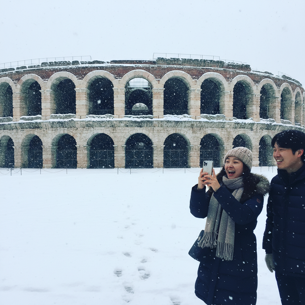 눈 내리는 베로나의 아레나 원형극장