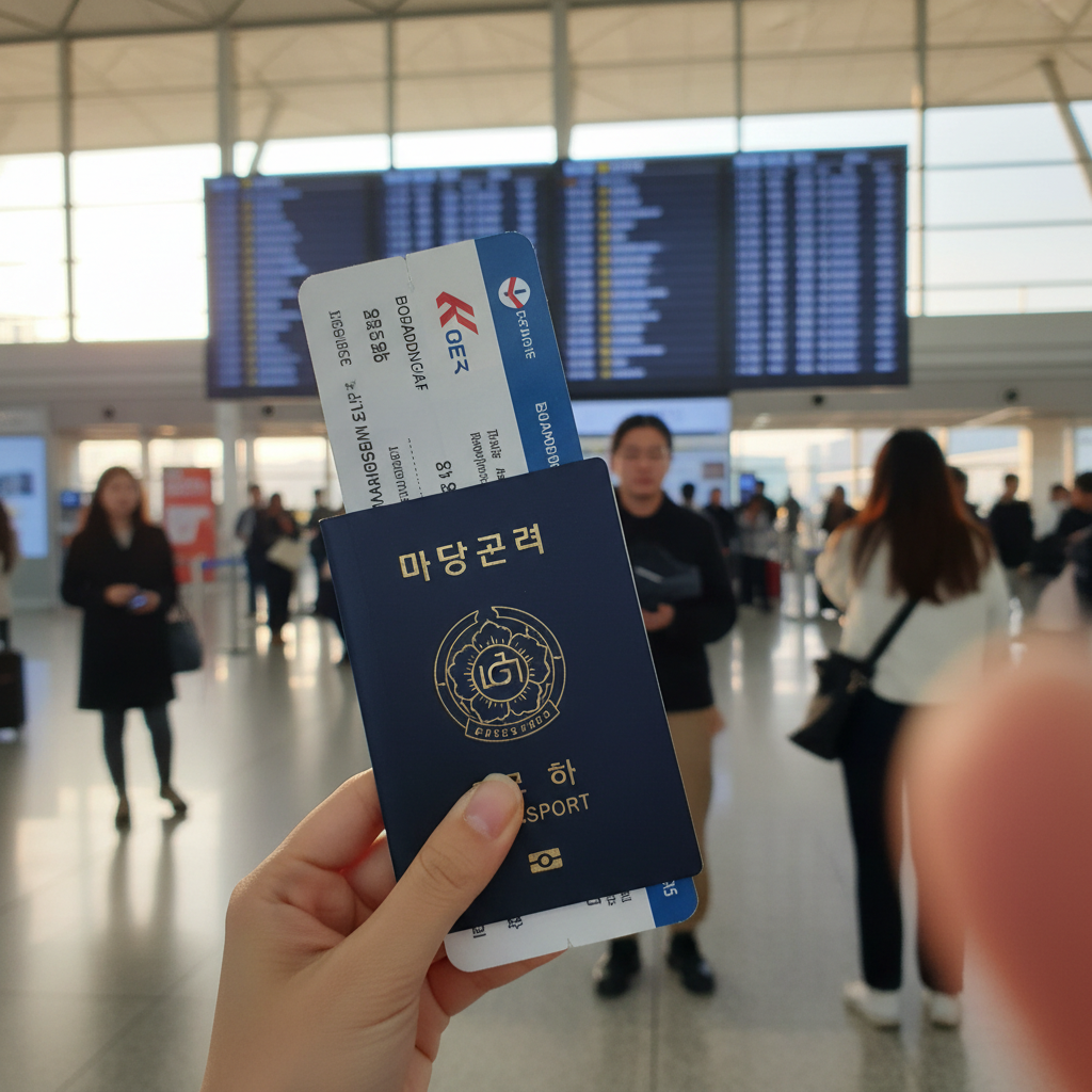 공항 출발 전광판을 배경으로 여권과 비행기 티켓을 들고 있는 손