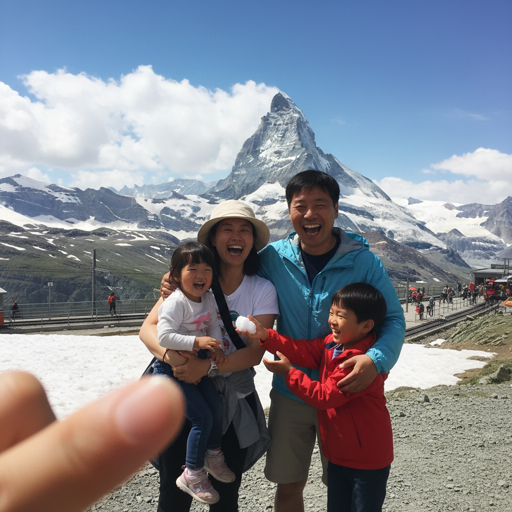 고르너그라트 전망대에서 마테호른을 배경으로 웃고 있는 가족
