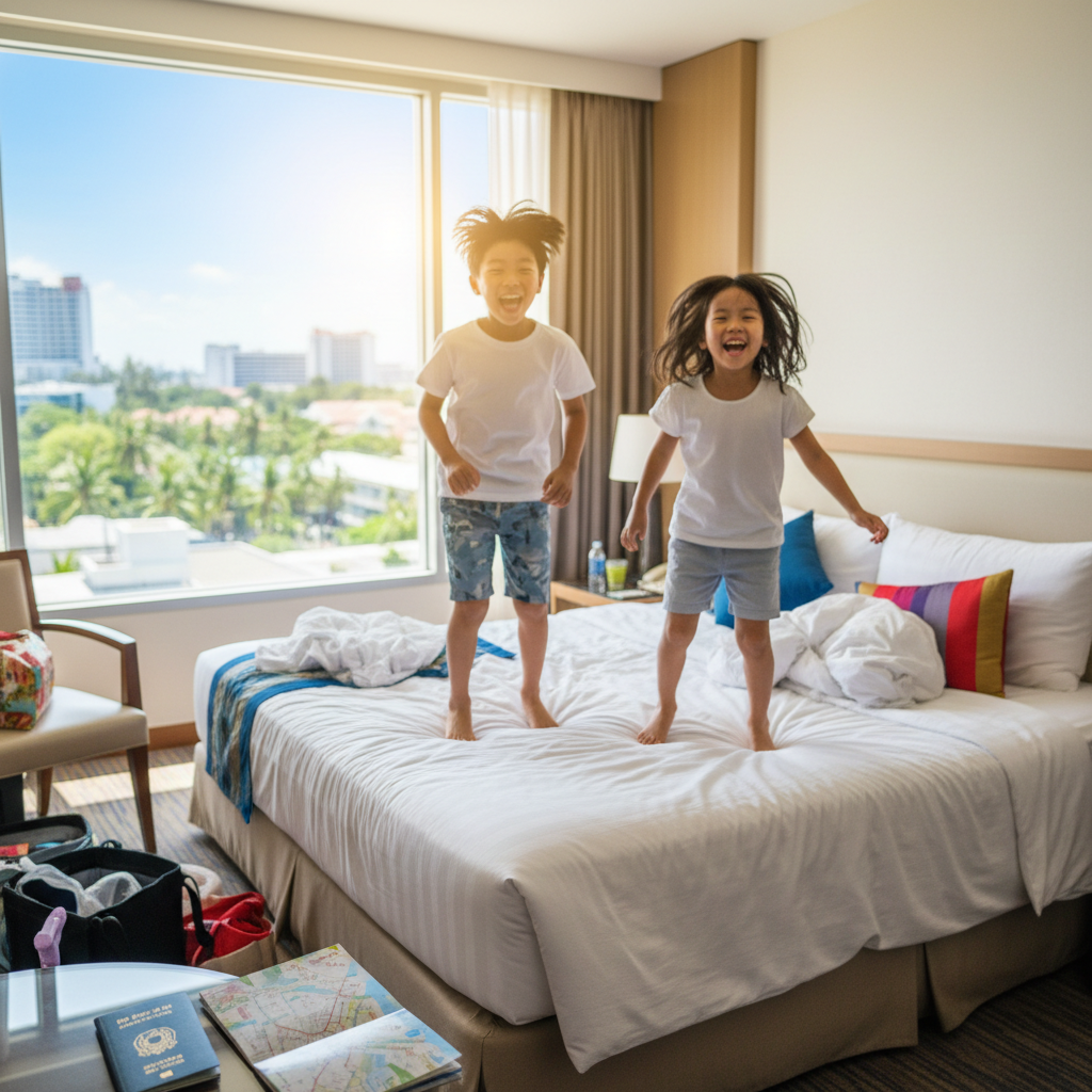 파타야 호텔에 도착해 침대에서 신나게 뛰는 아이들