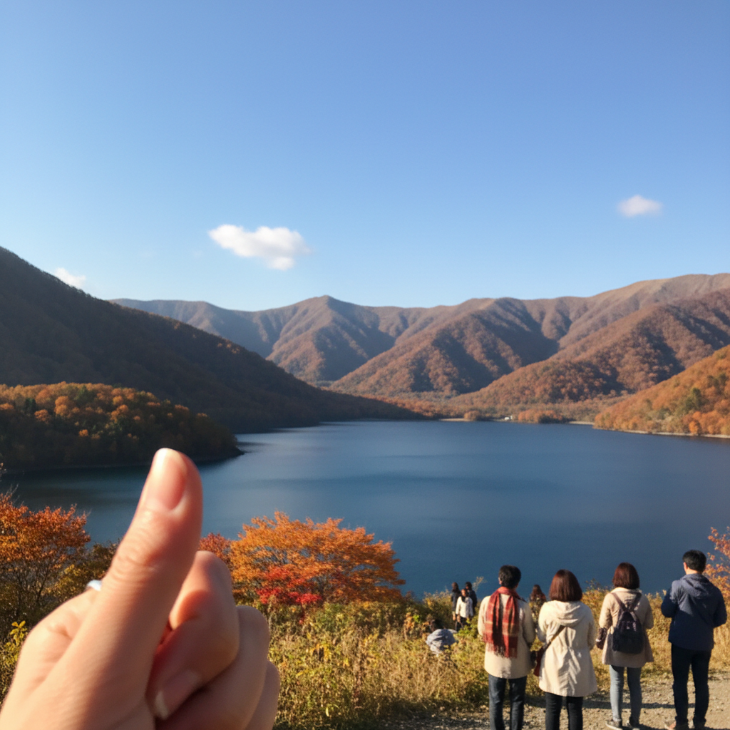단풍으로 물든 산과 푸른 호수가 어우러진 북해도의 가을 전경