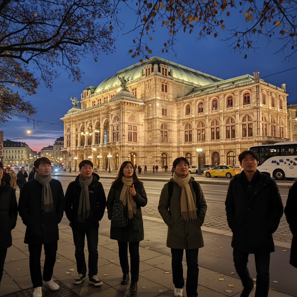 화려한 조명을 받아 빛나는 비엔나 국립 오페라 하우스의 야경