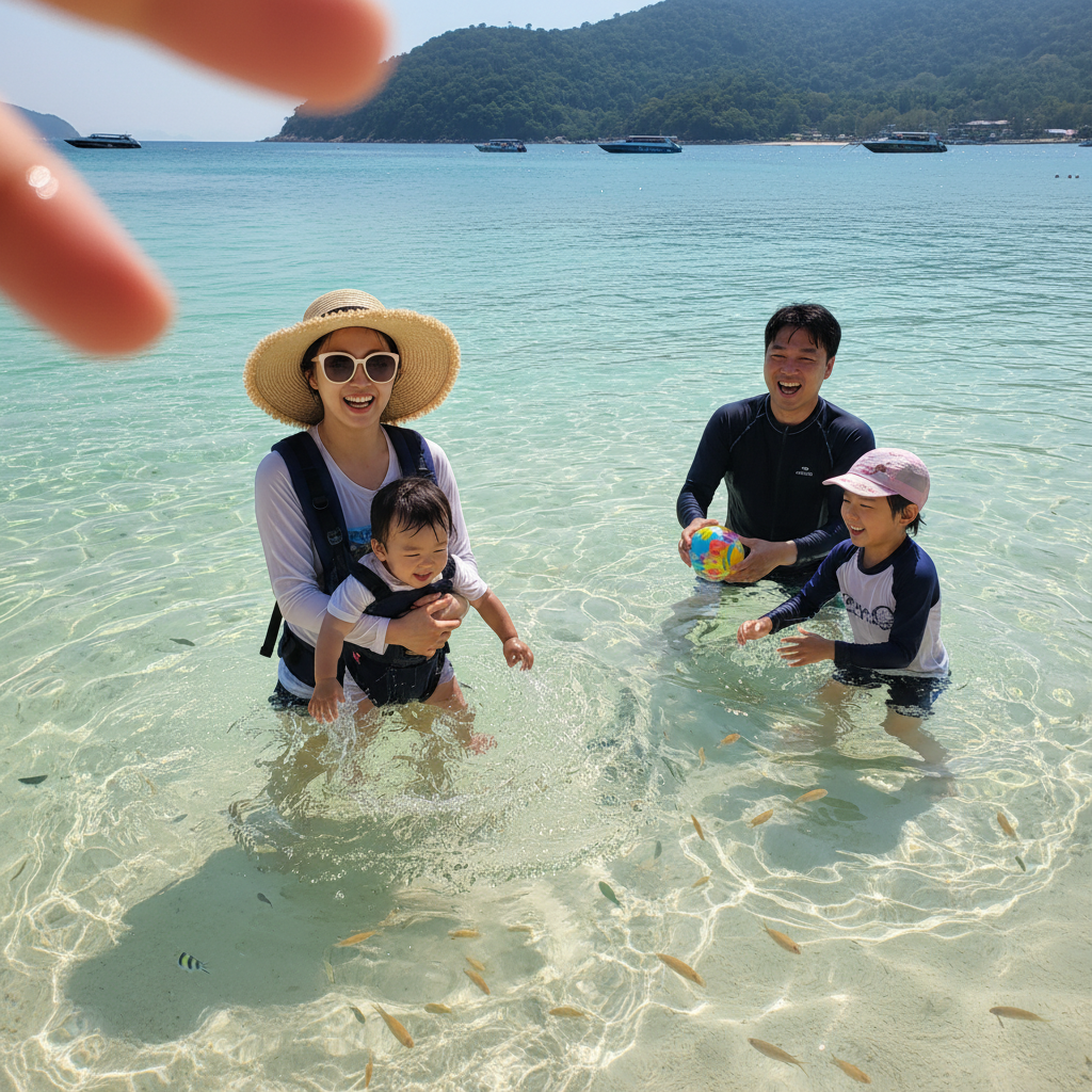 산호섬의 맑은 바다에서 물놀이하는 가족