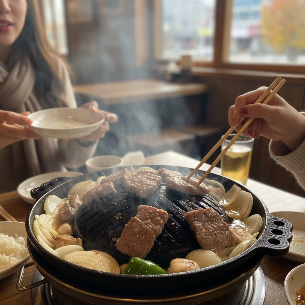뜨거운 불판 위에서 지글지글 익어가는 징기스칸 양고기