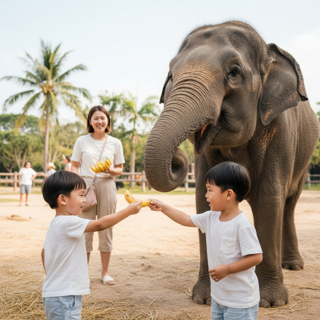 코끼리에게 먹이를 주며 교감하는 아이들