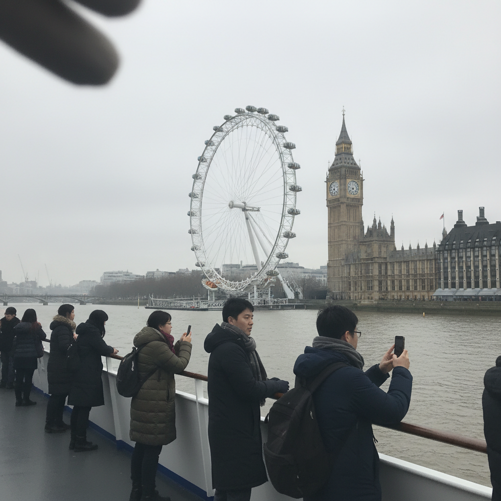 템스강 유람선에서 바라본 흐린 날의 런던 아이와 빅벤
