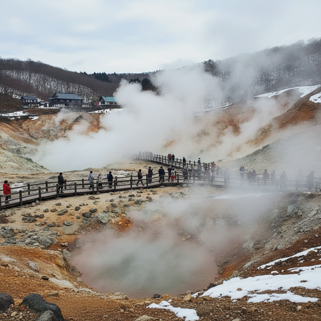유황 냄새가 피어오르는 노보리베츠 지옥 계곡의 신비로운 전경