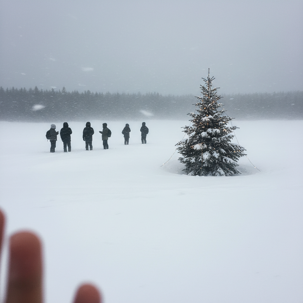 눈보라가 휘날리는 광활한 설원 위에 홀로 서 있는 크리스마스 트리 나무