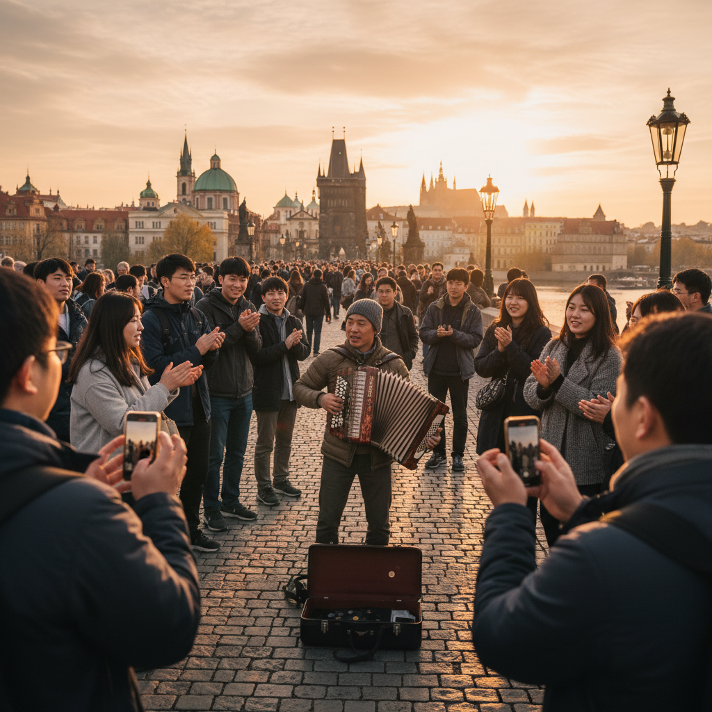 해 질 녘 프라하 카를교 위에서 연주하는 거리의 악사와 그를 둘러싼 사람들
