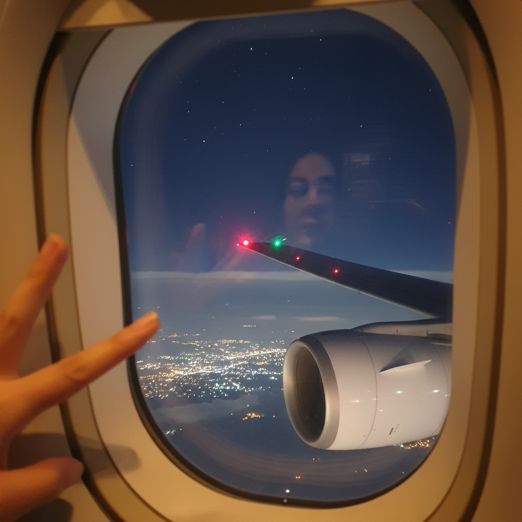 기내 창문으로 보이는 밤하늘과 비행기 날개