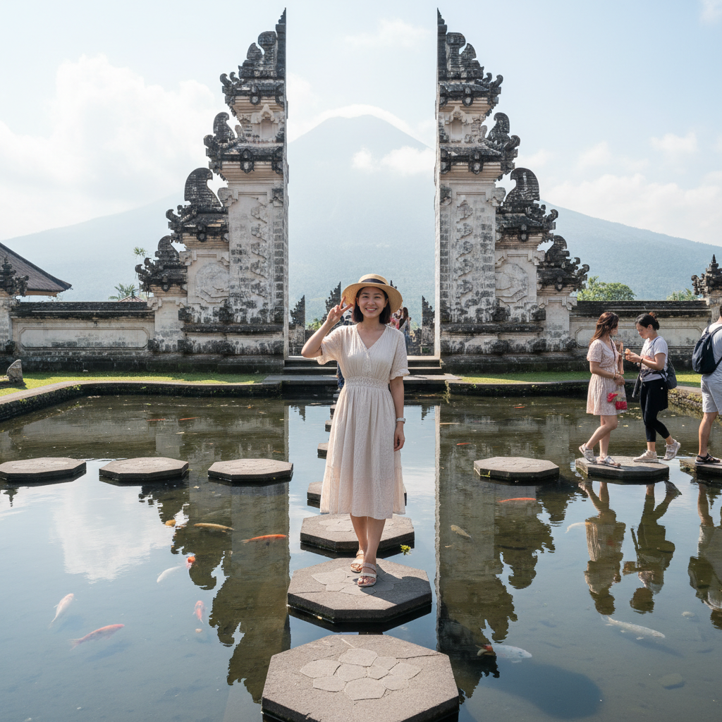 렘푸양 사원의 '천국의 문' 앞에서 포즈를 취하는 모습