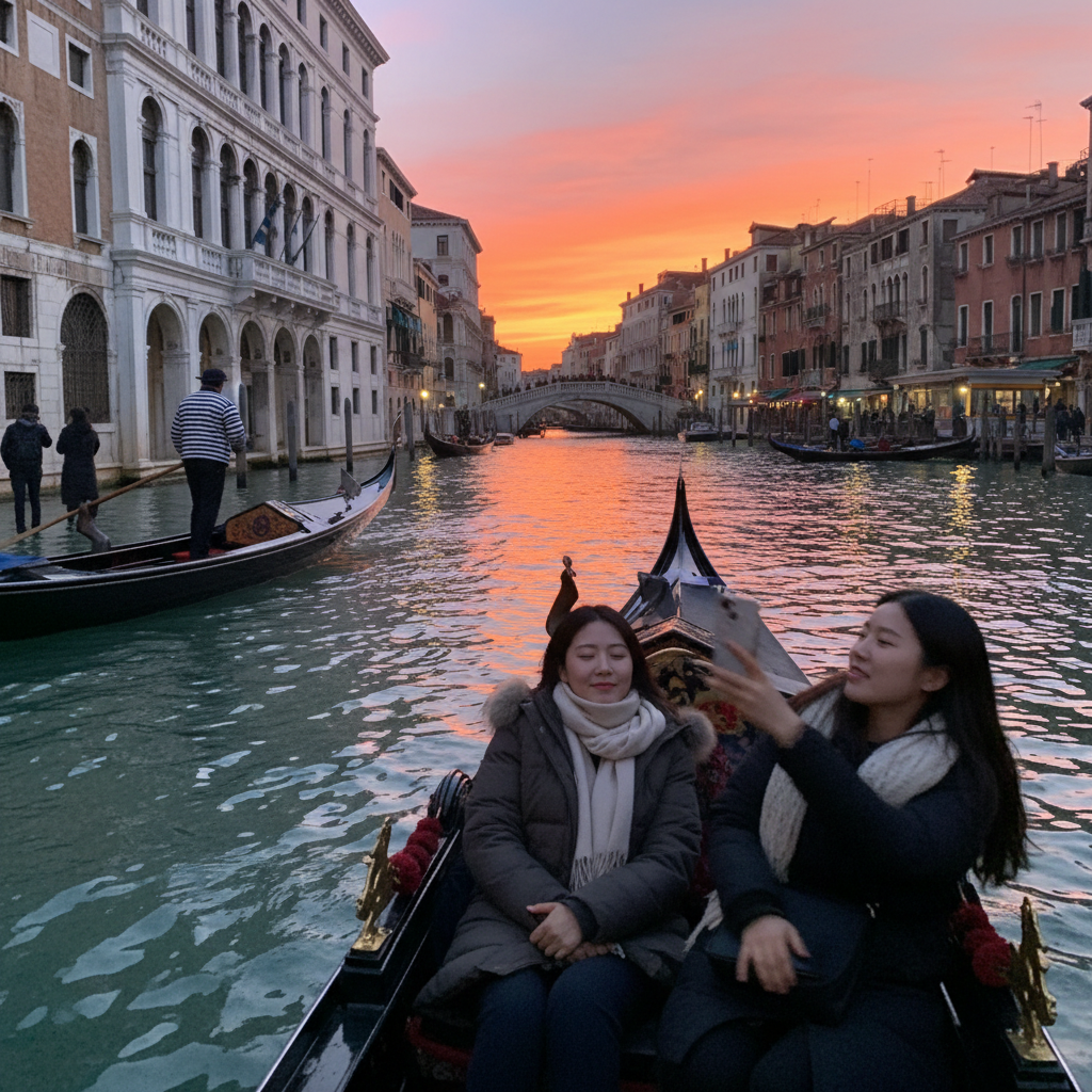 해질녘 노을빛으로 물든 베니스의 대운하와 곤돌라