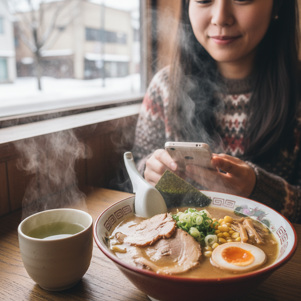 김이 모락모락 나는 삿포로의 명물 미소라멘과 따뜻한 녹차 한 잔