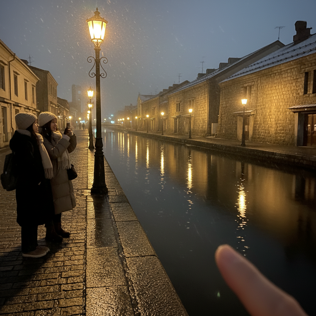 오타루 운하의 가스등이 켜진 낭만적인 야경, 물 위에 비친 불빛