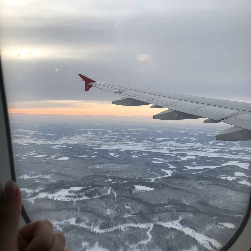 창문 너머로 보이는 눈 덮인 북해도 풍경과 비행기 날개