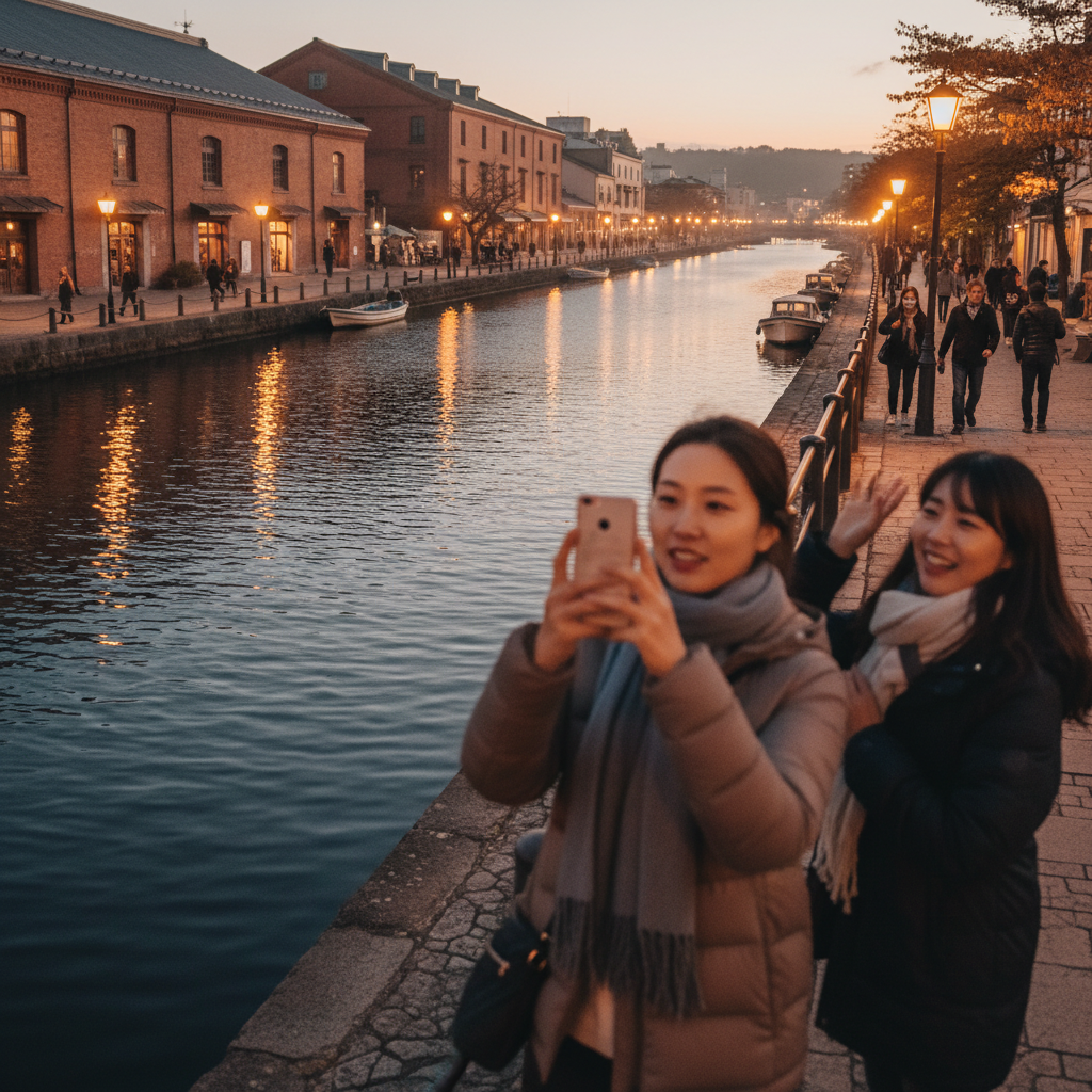 해 질 녘 가스등이 켜진 낭만적인 오타루 운하의 야경