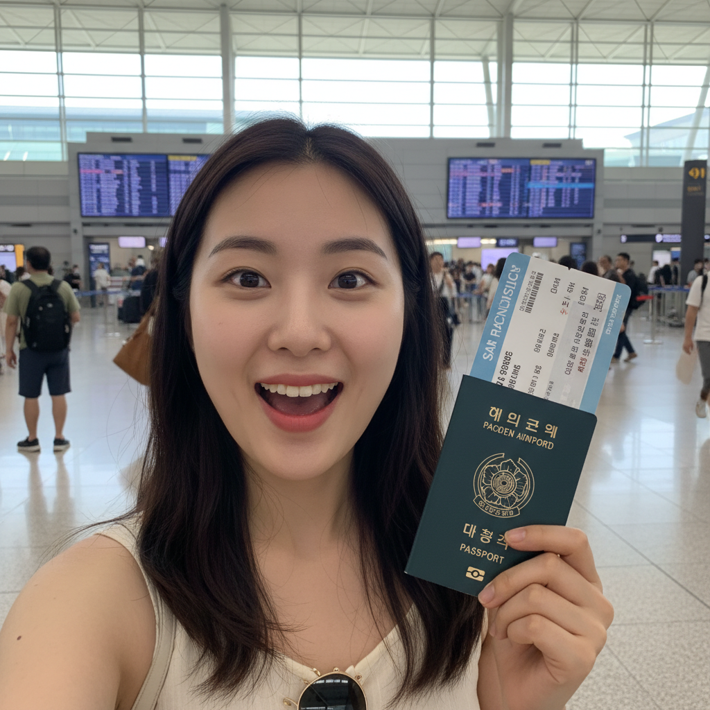 인천공항 출발 전, 여권과 비행기 티켓을 들고 설레는 표정으로 찍은 셀카