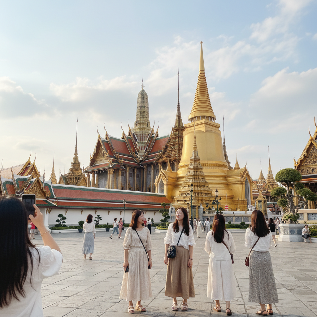 황금빛으로 화려하게 빛나는 방콕 왕궁의 전경