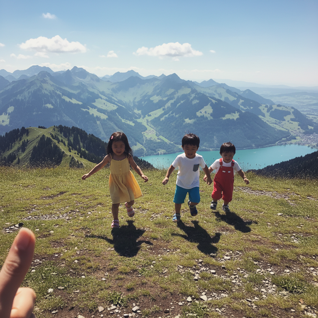 리기산 정상에서 뛰어노는 아이들
