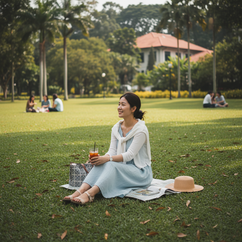 보타닉 가든의 푸른 잔디밭에 앉아 여유를 즐기는 모습