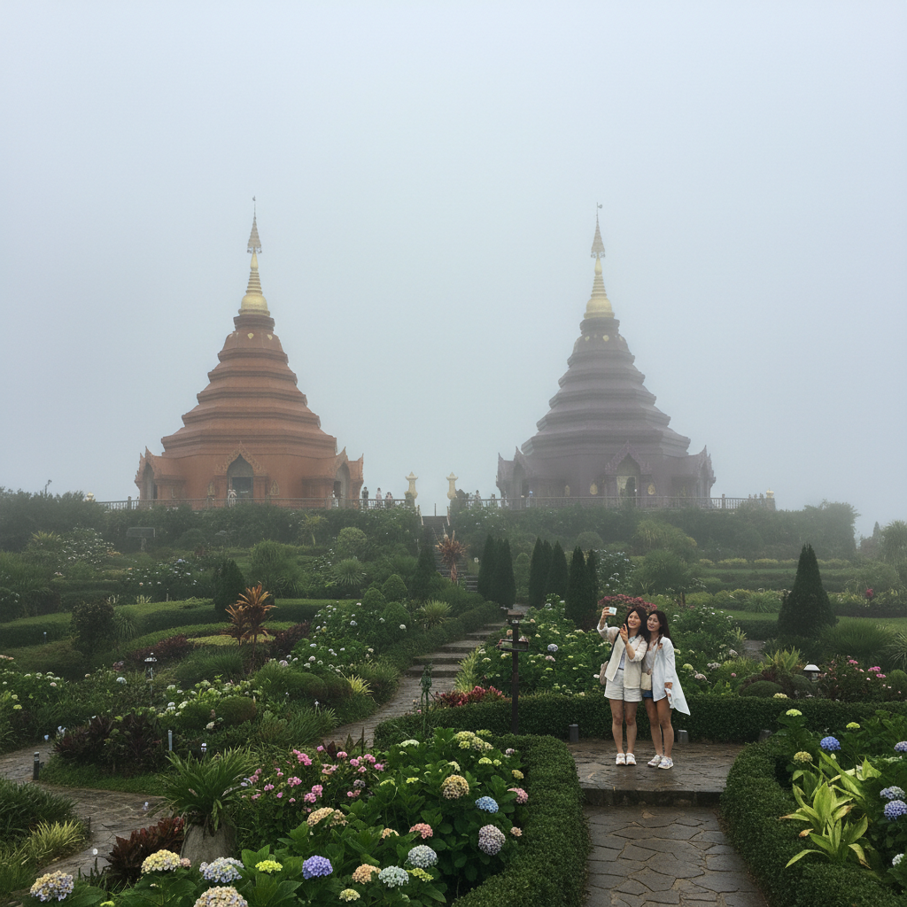 안개 낀 도이인타논의 킹&퀸 파고다와 정원