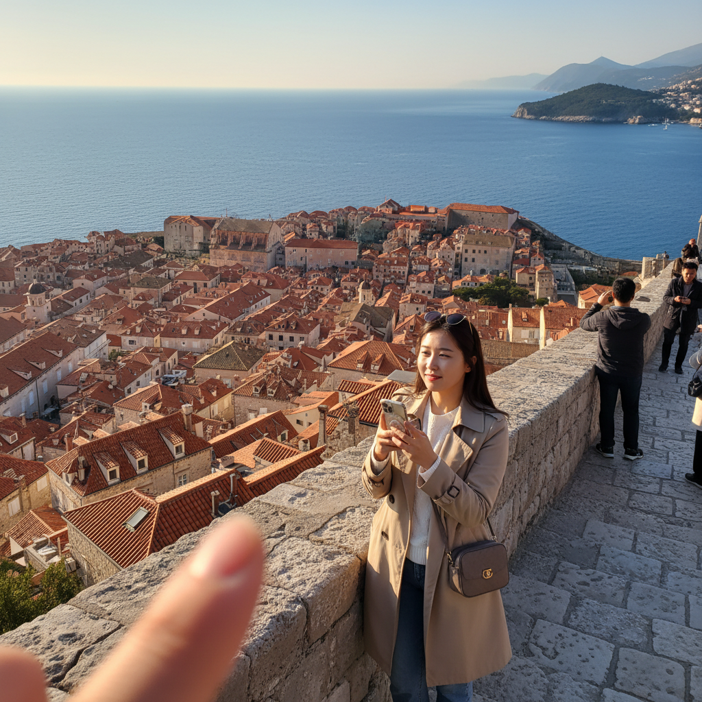 두브로브니크 성벽 위에서 내려다본 푸른 아드리아해와 붉은 지붕의 구시가지 전경